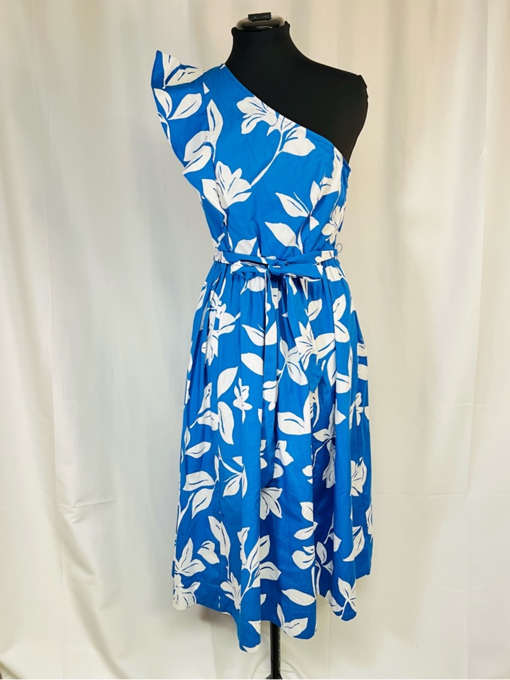 J.Crew One-Shoulder Midi Dress Blue White Floral Size 10 - Picture 3 of 13